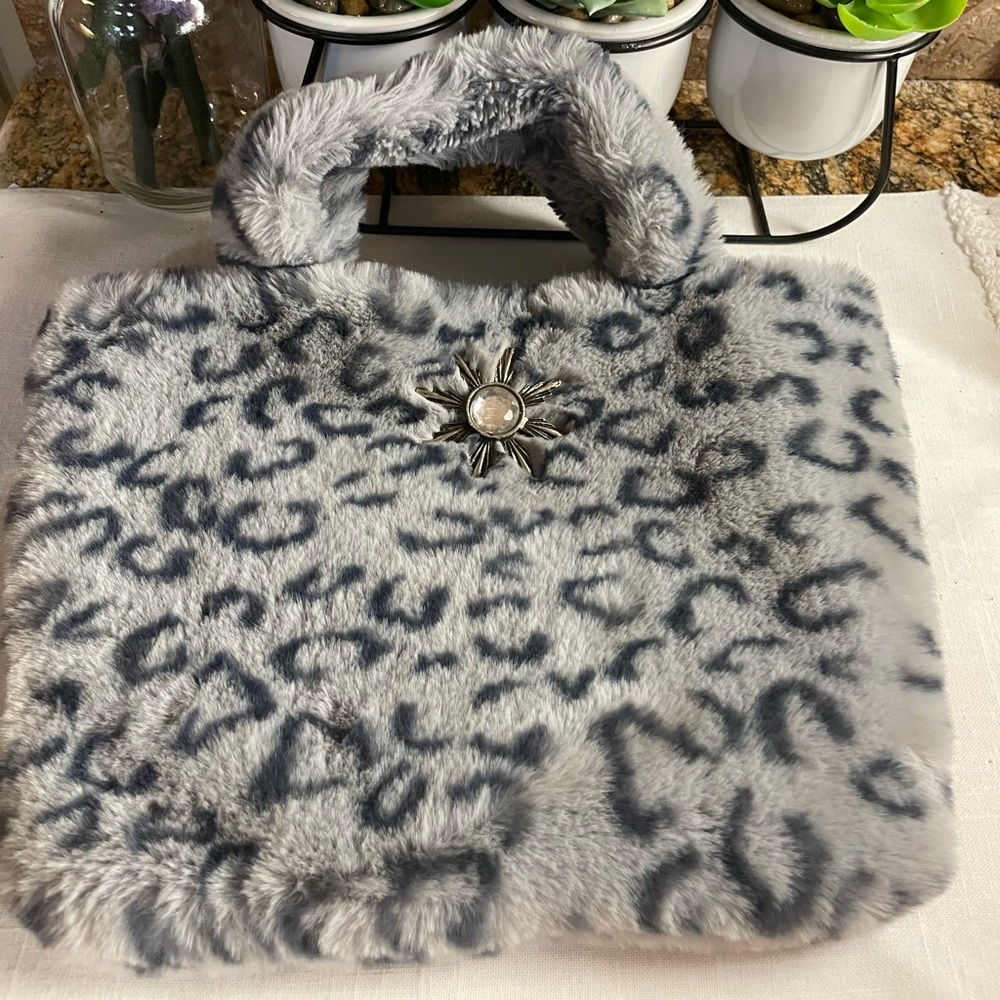 Gray Faux Fur Handbag with Sunburst Accent